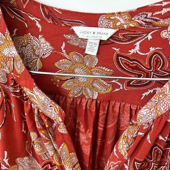 Lucky Brand Red Floral Print Bohemian Peasant Tunic Top Womens Size 2X - Picture 3 of 9